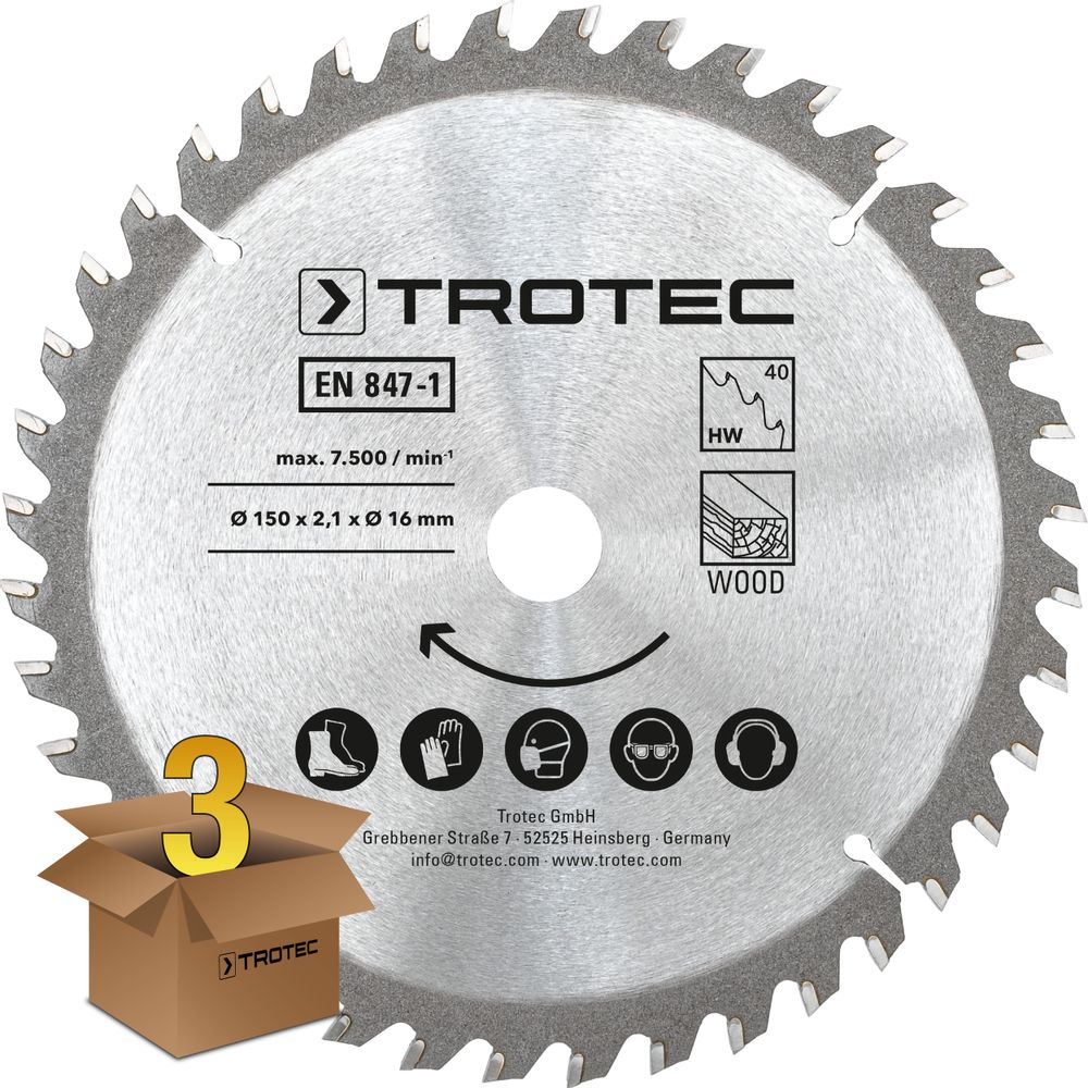 Set di lame per seghe circolari per legno Ø 150 mm (40 denti), 3 pezzi mostra nel webshop Trotec