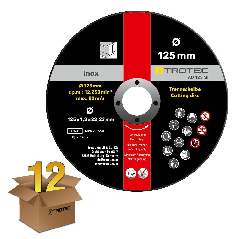 Pacchetto risparmio da 12 dischi separatori per metallo INOX AD 125 MI mostra nel webshop Trotec