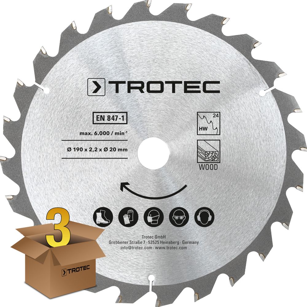 Cirkelzaagbladenset voor hout Ø 190 mm (24 tanden), 3-delig tonen in Trotec webshop