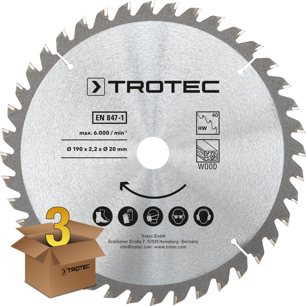 Cirkelzaagbladenset voor hout Ø 190 mm (40 tanden), 3-delig tonen in Trotec webshop