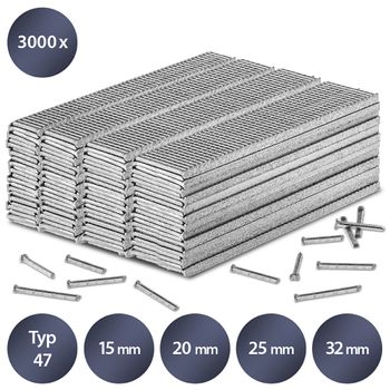 Juego de clavos para grapadora tipo 47, 15, 20, 25 y 32 mm de longitud (3000 unidades)